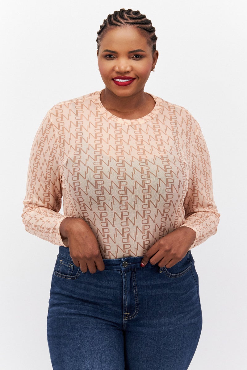 Nina Parker Women Plus Size Round Neck Long Sleeve Allover Print Bodysuit, Tan  - Image 1