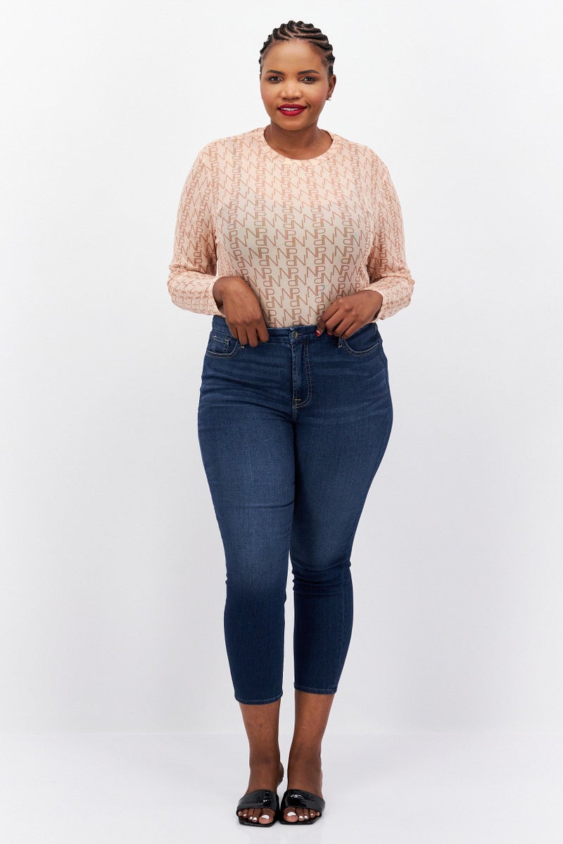 Nina Parker Women Plus Size Round Neck Long Sleeve Allover Print Bodysuit, Tan  - Image 2