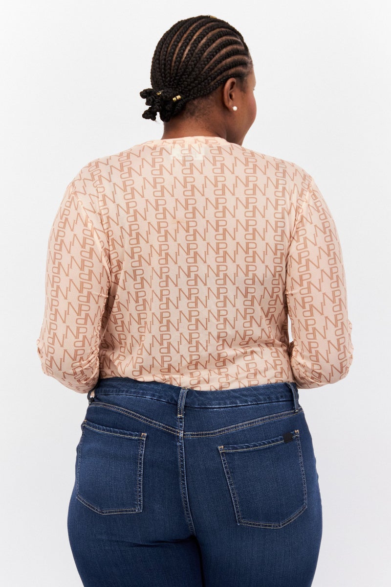 Nina Parker Women Plus Size Round Neck Long Sleeve Allover Print Bodysuit, Tan  - Image 4