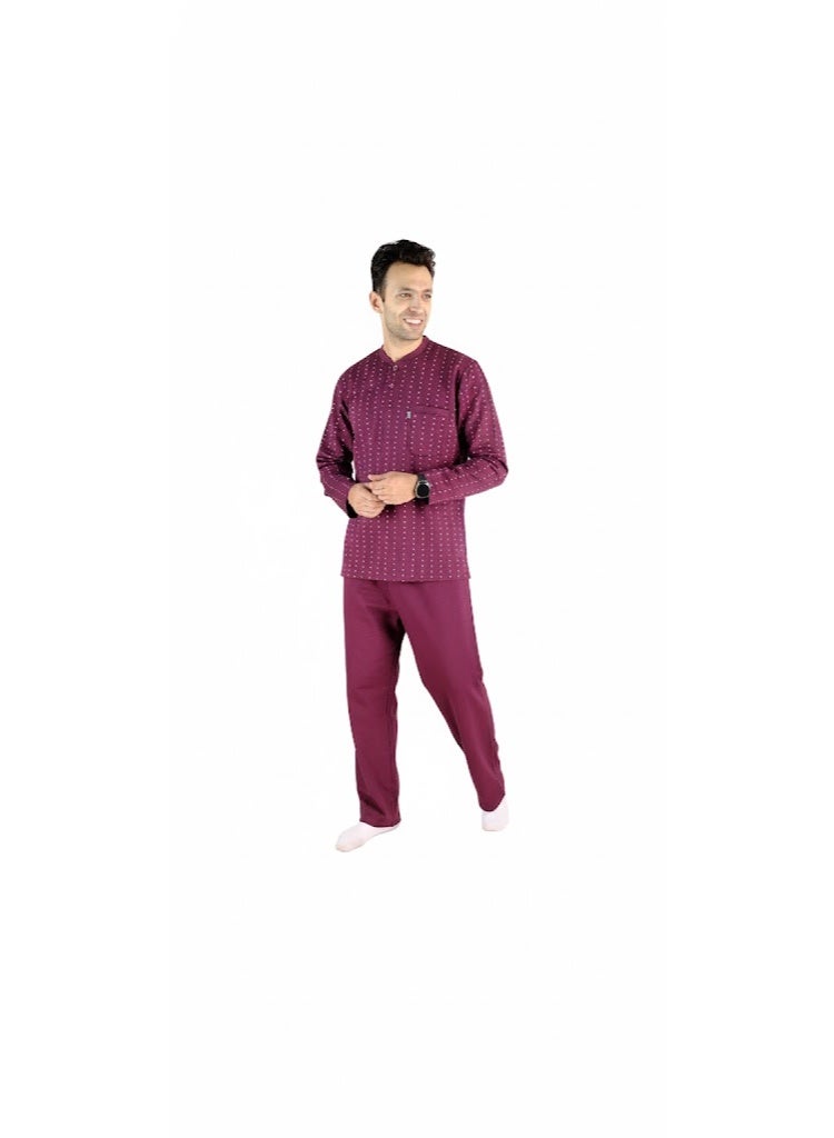 Men Winter Pajama Set Long Sleeve & Plain Bottom-Burgundy