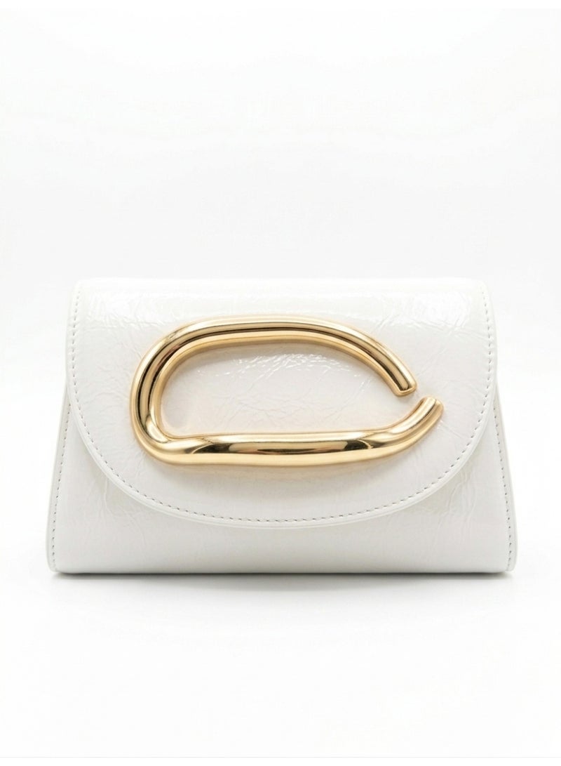 Women's Crossbody Handbag,Shiny Leather, Gold Color Buckle, Stylish and Stylish (White)