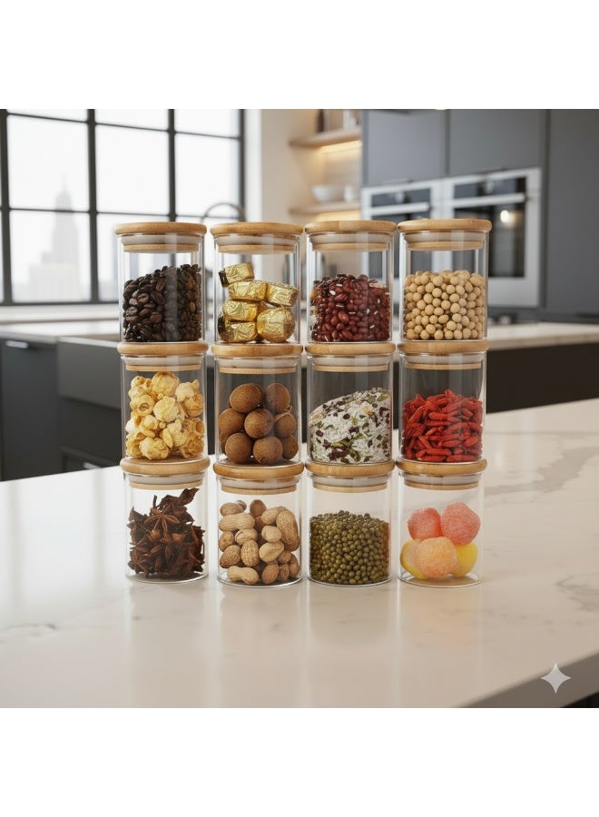 YAH Creation YAH 12-Piece Luxurious Airtight Glass Spice Jars with Bamboo Lids – Ultra-Clear Borosilicate Storage Containers, Moisture-Proof, Stackable Organizer for Kitchen, Pantry, Herbs & Bathroom Essentials - Image 1