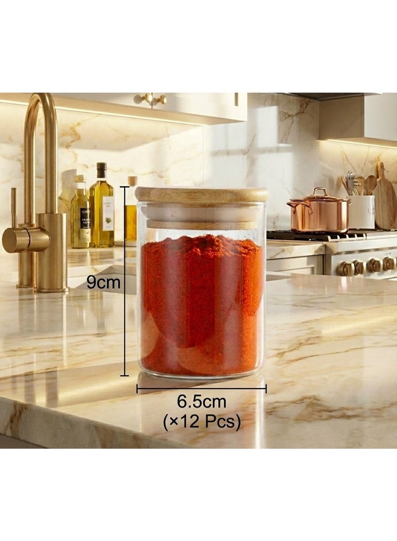 YAH Creation YAH 12-Piece Luxurious Airtight Glass Spice Jars with Bamboo Lids – Ultra-Clear Borosilicate Storage Containers, Moisture-Proof, Stackable Organizer for Kitchen, Pantry, Herbs & Bathroom Essentials - Image 2