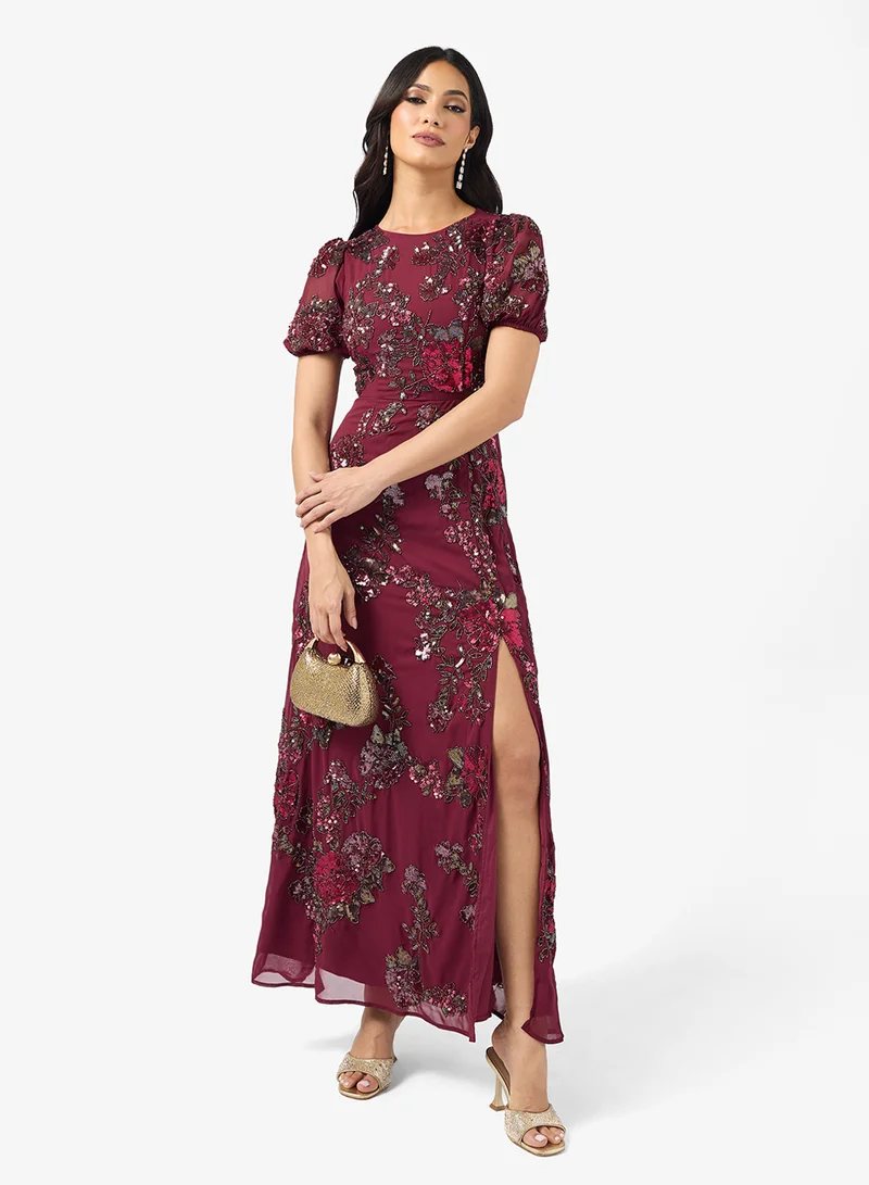 Maya Floral Embellished Puff Sleeve Side Slit Maxi Dress
