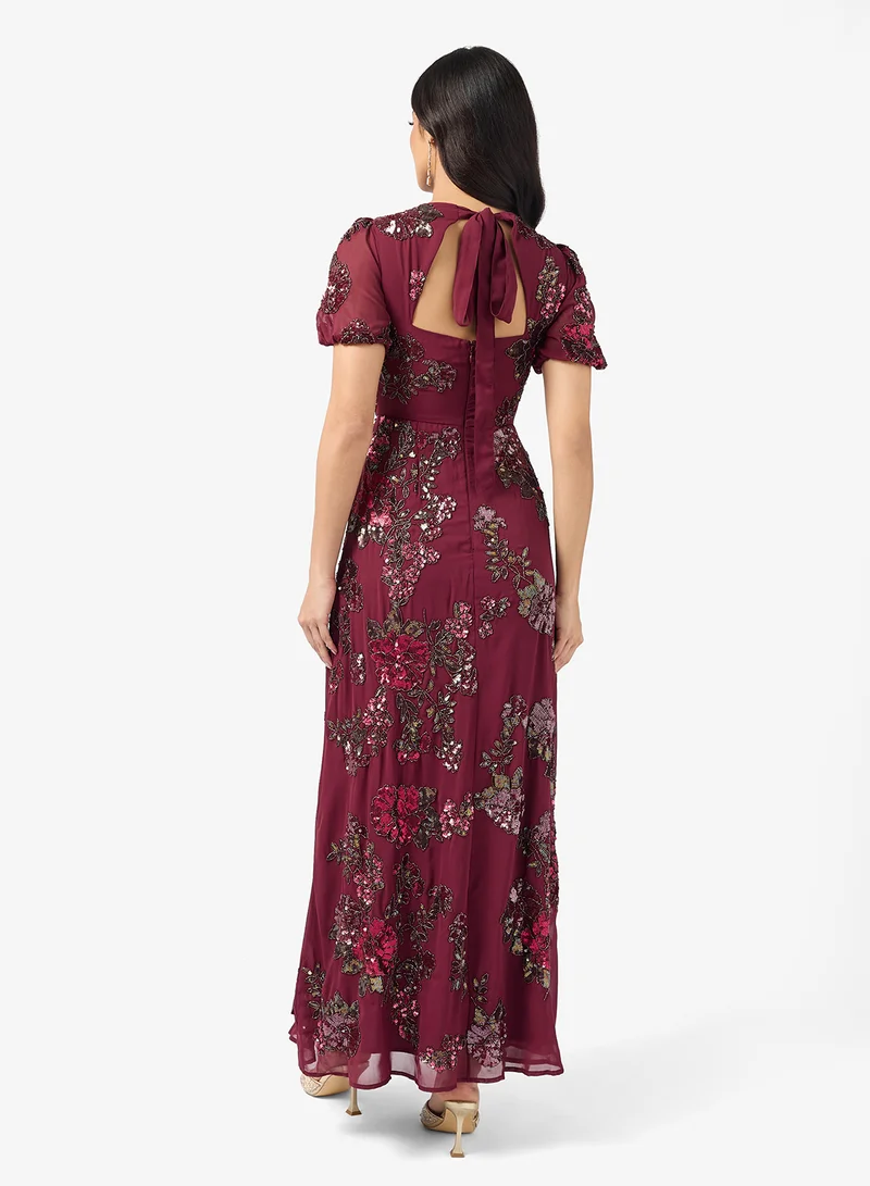 Maya Floral Embellished Puff Sleeve Side Slit Maxi Dress