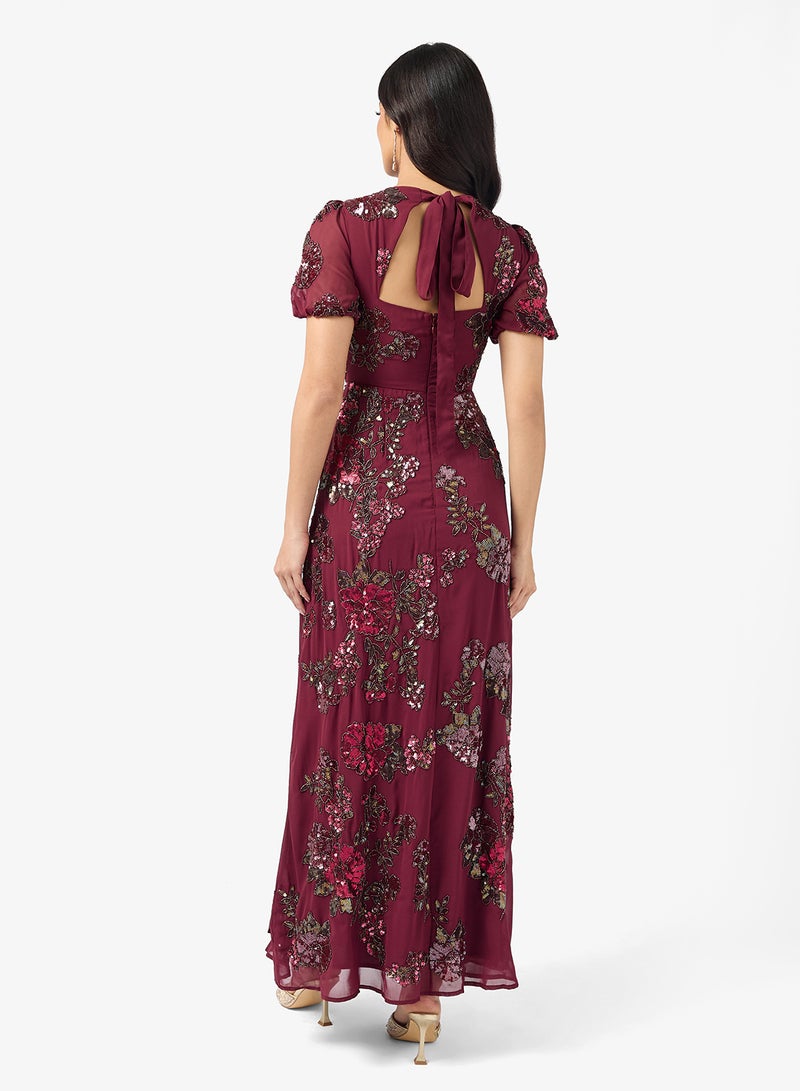 Maya Floral Embellished Puff Sleeve Side Slit Maxi Dress - Image 2