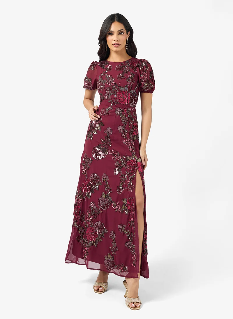 Maya Floral Embellished Puff Sleeve Side Slit Maxi Dress