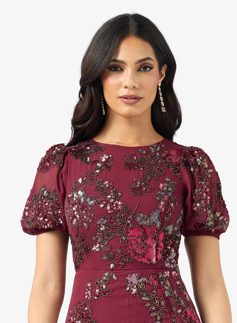 Maya Floral Embellished Puff Sleeve Side Slit Maxi Dress