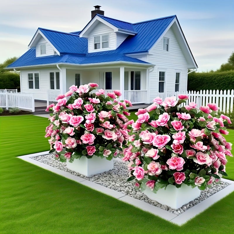 1pc Pink Azalea Bouquet With Ground Stake And Green Leaves High Quality Plastic Indoor Outdoor Decoration Maintenance Free For Yard Garden - Image 1