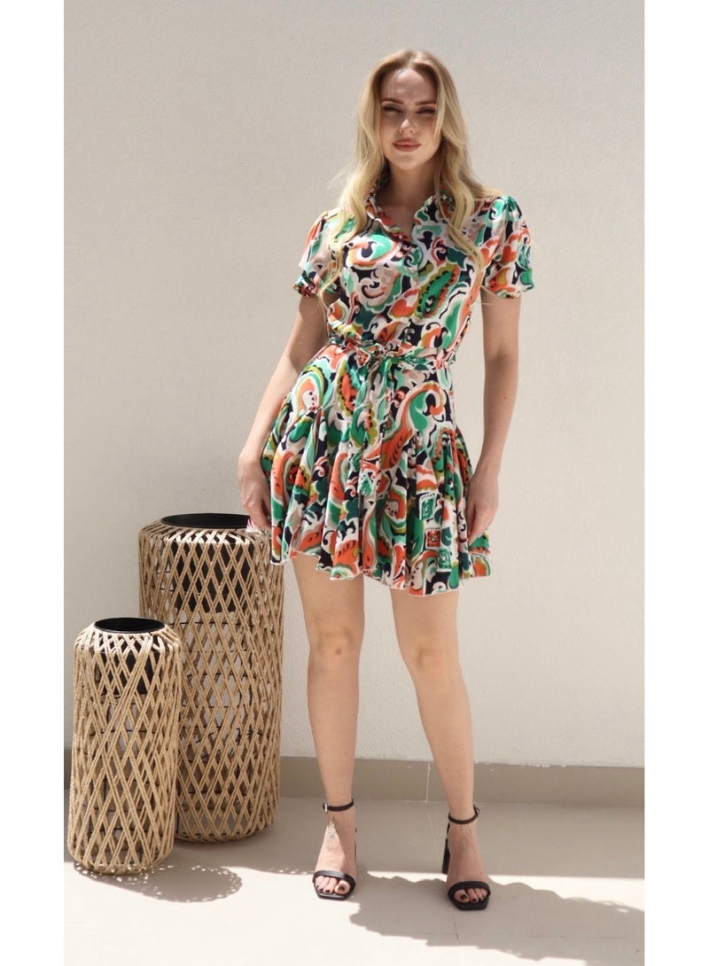 Alorabella Alice Tropical Button Dress - Green / Orange  - Image 1