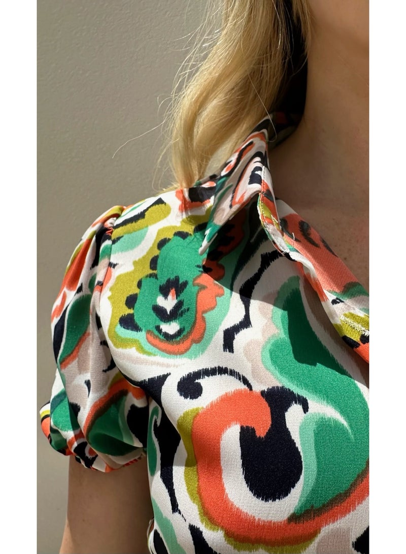 Alorabella Alice Tropical Button Dress - Green / Orange  - Image 4