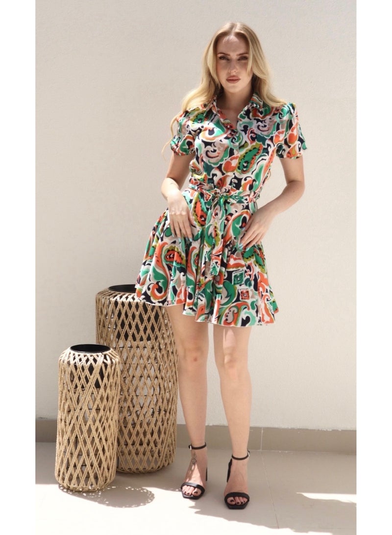 Alorabella Alice Tropical Button Dress - Green / Orange  - Image 2