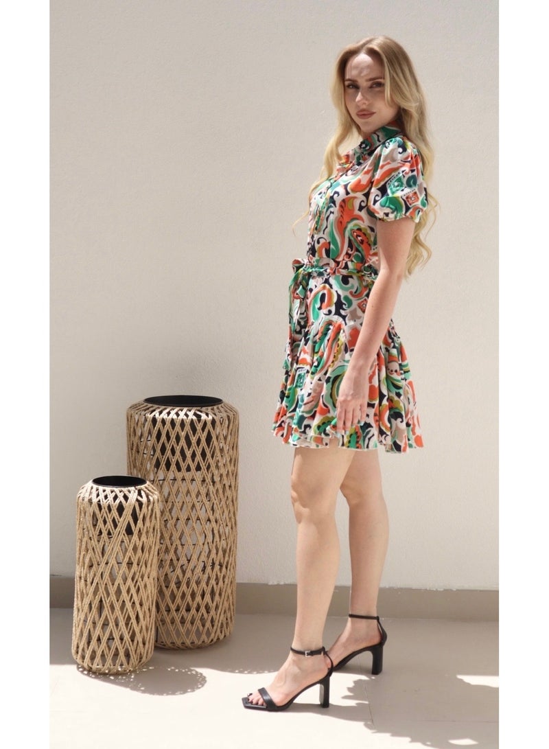 Alorabella Alice Tropical Button Dress - Green / Orange  - Image 3