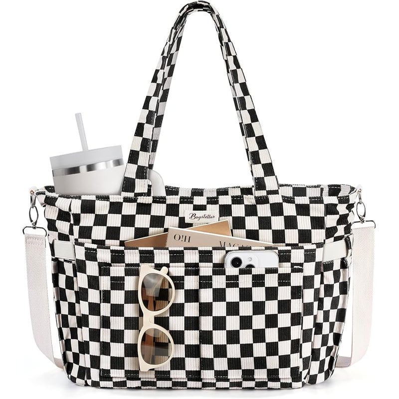 Bagstellar Corduroy Tote Bag for Women, 17 Pockets Laptop Work Tote Lightweight Teacher Nurse Bible Shoulder Bag for School Daily Travel - Image 1
