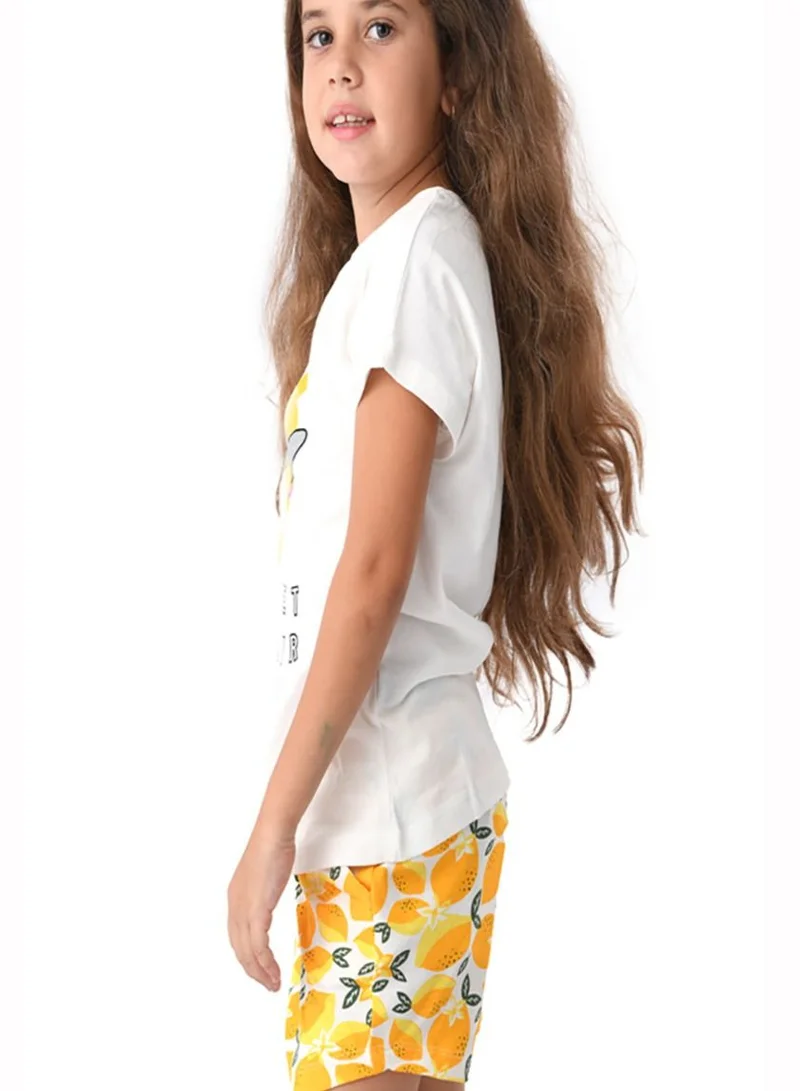 URBASY Urbasy Kids Round Neck fashion Top With printed lemon yellow Shorts set
