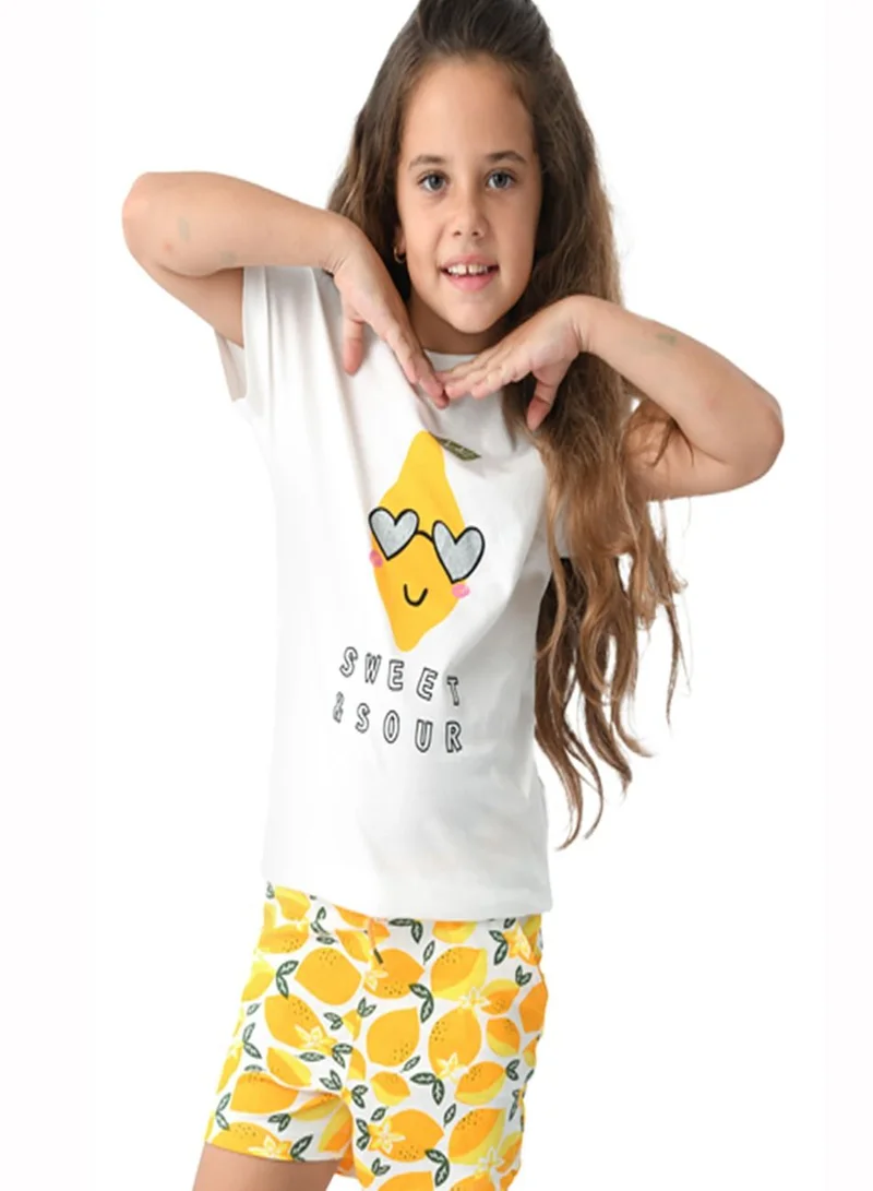 URBASY Urbasy Kids Round Neck fashion Top With printed lemon yellow Shorts set