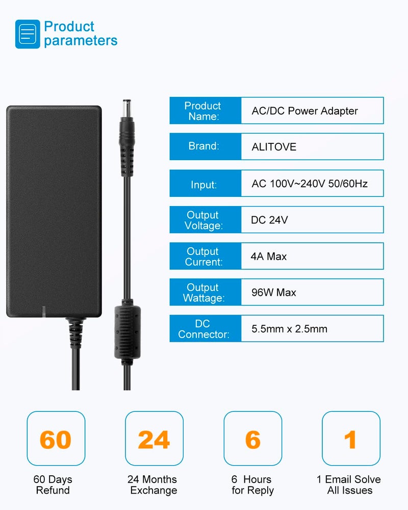 ALITOVE محول الطاقة ALITOVE 24V 4A 96W AC/DC 100-240V إلى DC 24 فولت محول 4 أمبير 3.75A 3.5A 3.3A 3.2A محول 5.5x2.5mm لشريط LED AMS-2-Pro كاميرا CCTV شاشة LCD كرسي مساج - Image 2