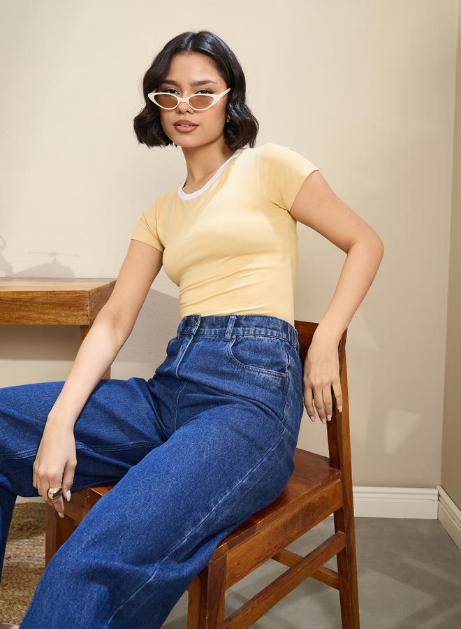 SASSAFRAS Women Beige Contrast Round Neck Fitted Crop T-Shirt - Image 2