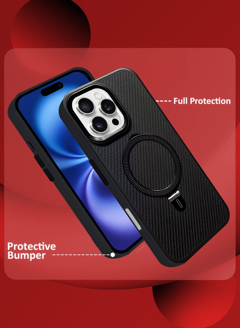 CATANES ( لجهاز آيفون 16 برو ماكس ) غلاف، نسيج ألياف الكربون، حامل معدني، غلاف واقي مع قاعدة ماغسيف - أسود - Image 2