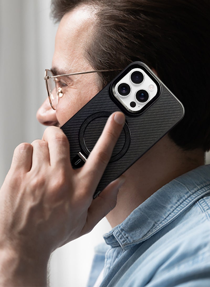 CATANES ( لجهاز آيفون 16 برو ماكس ) غلاف، نسيج ألياف الكربون، حامل معدني، غلاف واقي مع قاعدة ماغسيف - أسود - Image 5
