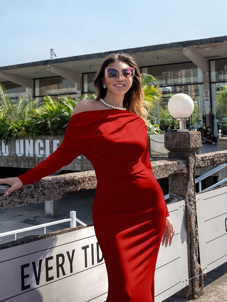 YMDUCH Women's Sexy Elegant Long Sleeve Off Shoulder Bodycon Long Evening Formal Dress Red - Image 4