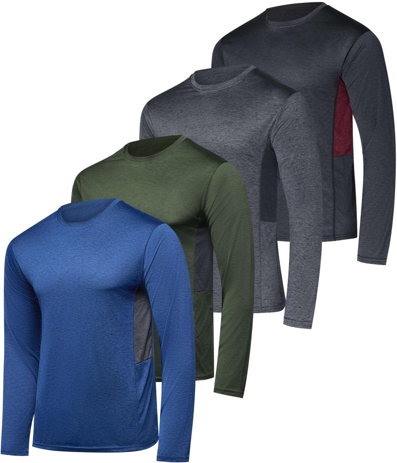 Real Essentials 4 Pack Mens Long Sleeve Dry Fit T Shirts Hiking Fishing Workout Gym Work Sun UPF 50 Wicking Running Tee Set 4 Large