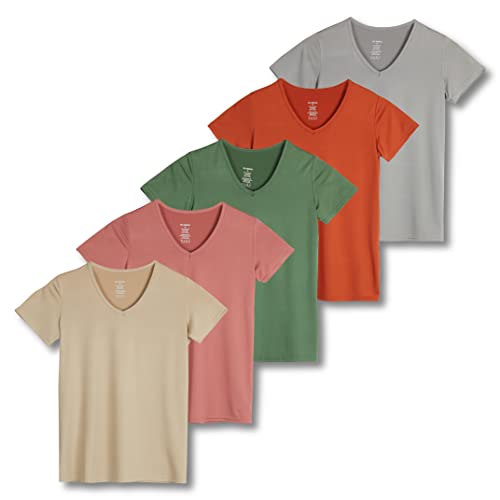 REALESSENTIALS Real Essentials 5 Pack: Women's Dry Fit Short Sleeve V Neck Workout Top - Fitness Pilates Gym Athletic Yoga T-Shirt (Plus Available), Set 12, M - Image 1