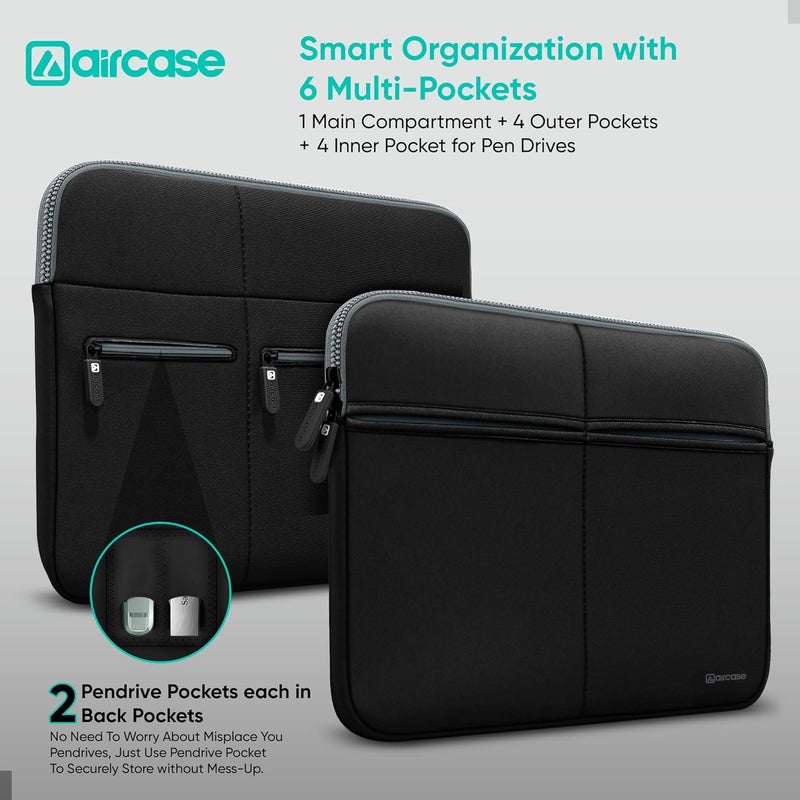 AirCase حقيبة لابتوب مميزة مع 6 جيوب تناسب لابتوب/ماك بوك حتى 15.6" ، خالية من التجاعيد ، مبطنة ، مقاومة للماء ، غلاف نيون خفيف ، للرجال والنساء ، أسود - ضمان 6 أشهر - Image 3