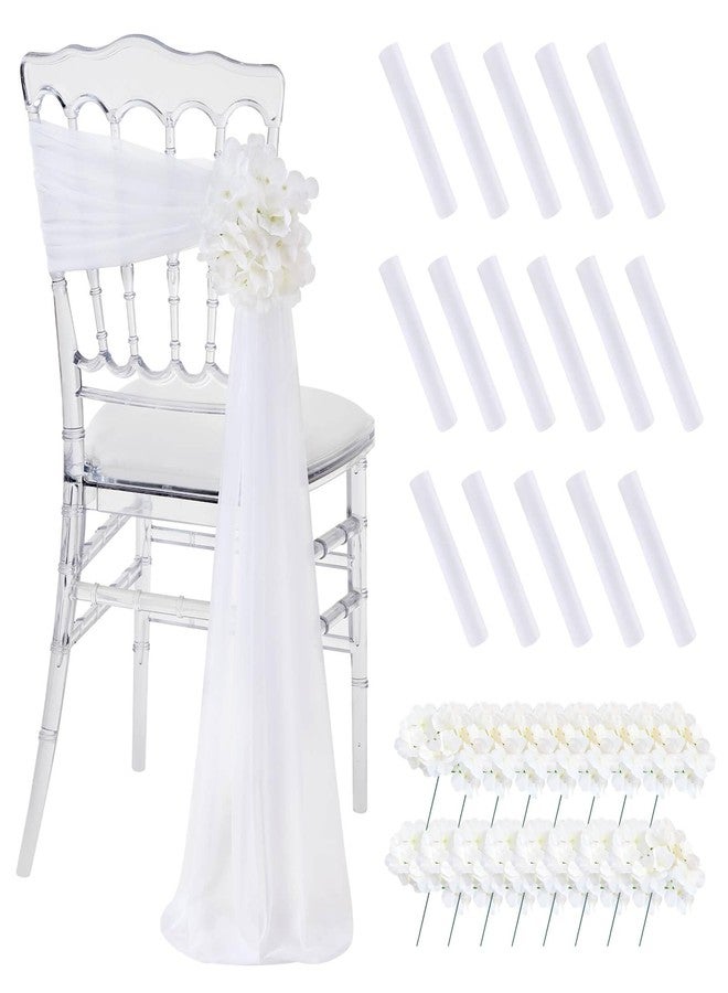 SoarDream White Chair Sashes for Wedding: 16 Pieces Sheer Church Chair Cover with Artificial Hydrangea for Party Banquet Aisle Decorations - Image 1