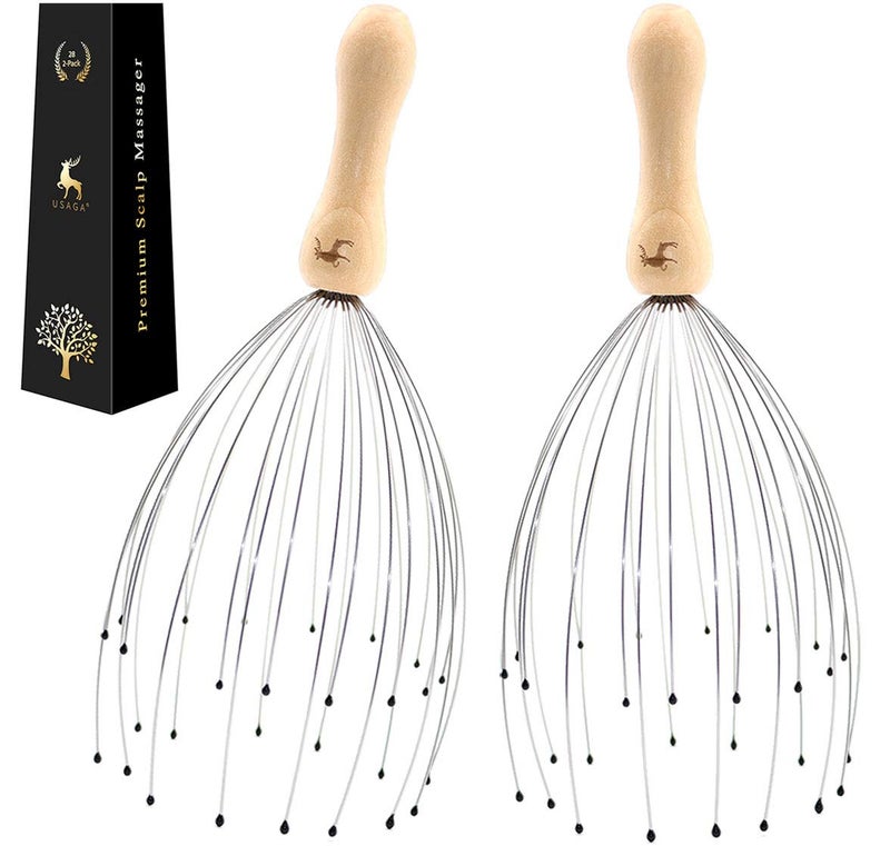 USAGA 28 Finger Head Scratcher, Head Massager, Scalp Massager, Stocking Stuffers Gift for Scalp Body Relaxing Wood Handle (2 Pack) - Image 1