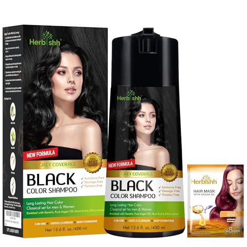 Herbishh Hair Color Shampoo for Gray Hair Enriched Formula with Keratin Tuber Fleece Flower Full Grey Coverage Easy to Use Long lasting Instant Black 400ml - Image 1
