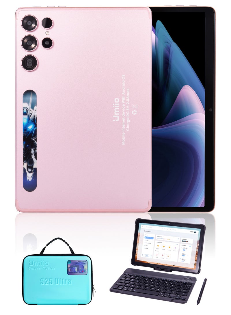 أوميو جهاز تابلت ذكي S25 Ultra بشاشة 10.1 بوصة عالية الدقة، مع لوحة مفاتيح/حافظة وحقيبة EWB، ذاكرة 16 جيجابايت رام و1 تيرابايت روم، شريحتين اتصال، شبكة 5G، نظام أندرويد مع واي فاي وGPS، تابلت نحيف للأطفال – وردي - Image 1