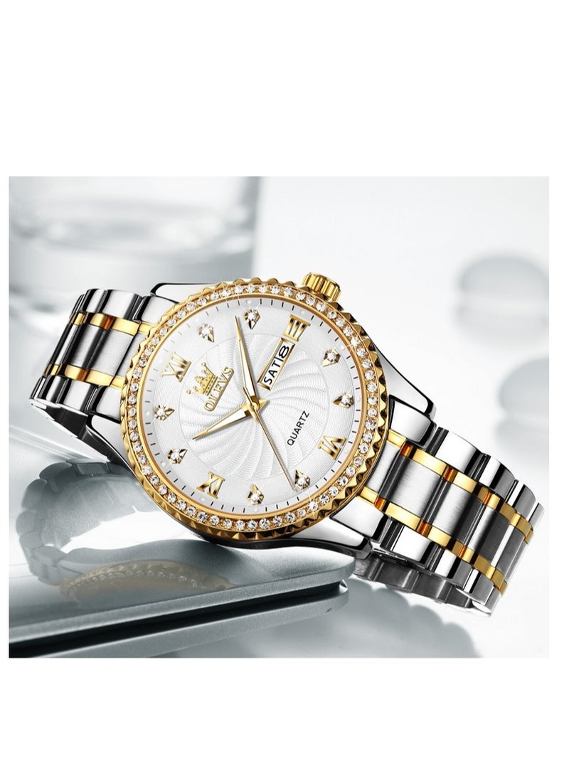 أوليفز ساعة يد كوارتز رجالية من  مع سوار من الفولاذ المقاوم للصدأ، ساعات كلاسيكية مقاومة للماء، ساعة يد فاخرة من الألماس ونافذة التاريخ - Image 2