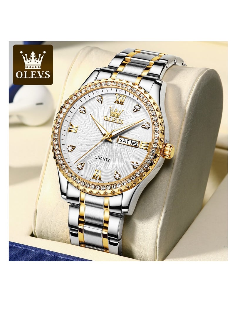 أوليفز ساعة يد كوارتز رجالية من  مع سوار من الفولاذ المقاوم للصدأ، ساعات كلاسيكية مقاومة للماء، ساعة يد فاخرة من الألماس ونافذة التاريخ - Image 1