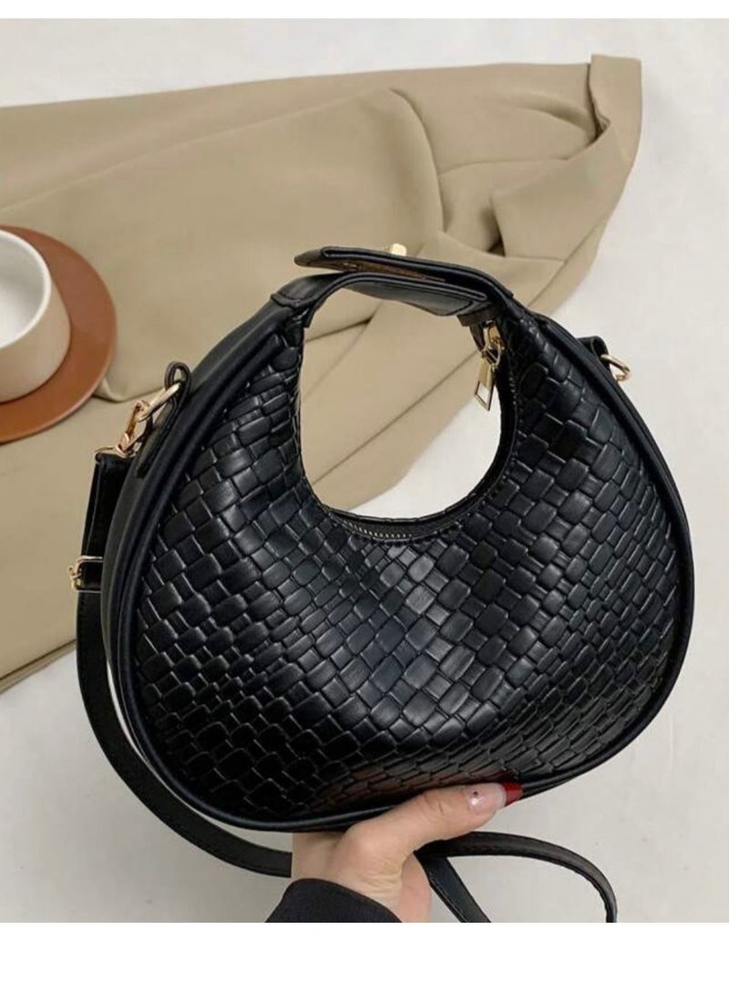 Crocodile Pattern Stone Pattern Women Minimalist Bag For Women, Stylish Solid Color Shoulder Bag, Zipper Crescent Handbag & Purse  - Image 1