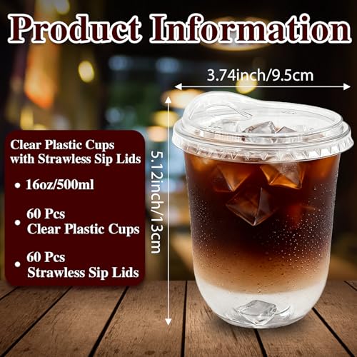 Haawooky 60 Pack Clear Plastic Cups with Strawless Sip Lids,16 oz Disposable PET Crystal Iced Coffee Cups with Lids,Round Bottom To Go Cup for Iced Coffee Juice Smoothie Cold Beverage Coffee Shops and Party - Image 2