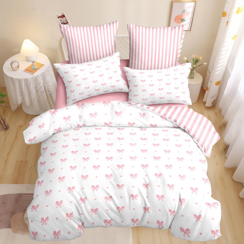 CCoutueChen Bow Comforter Set Full Size Pink Striped Heart Bedding Set Kids Boys Girls Princess Style Cute Bowknot Love Pattern Comforter with 2 Pillowcases for Bedroom Decor 3Pcs - Image 3