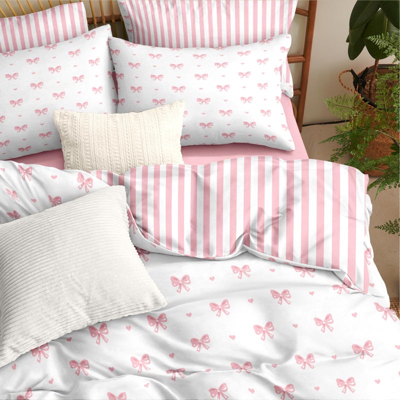 CCoutueChen Bow Comforter Set Full Size Pink Striped Heart Bedding Set Kids Boys Girls Princess Style Cute Bowknot Love Pattern Comforter with 2 Pillowcases for Bedroom Decor 3Pcs - Image 1