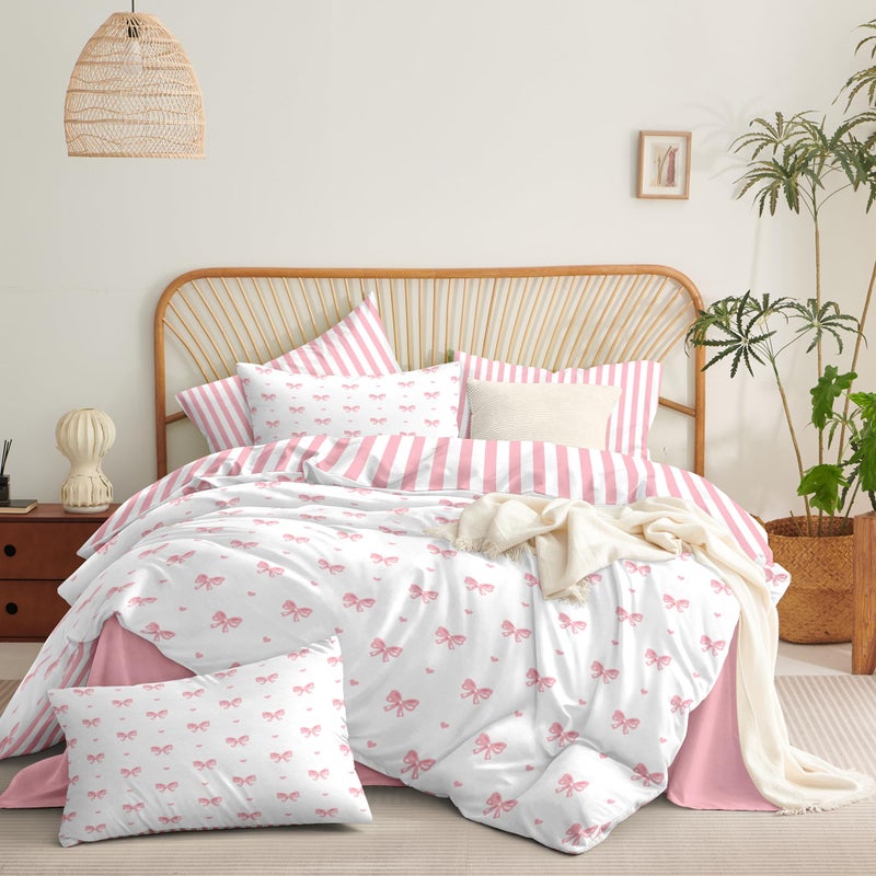 CCoutueChen Bow Comforter Set Full Size Pink Striped Heart Bedding Set Kids Boys Girls Princess Style Cute Bowknot Love Pattern Comforter with 2 Pillowcases for Bedroom Decor 3Pcs - Image 5