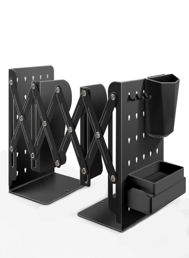 SRTFINE Heavy Duty Adjustable Bookends, 3.9" Extends up to 19.5" Metal Book Holder for Shelves with Dividers, Hook up, Pen Holder & Storage Tray, Book Organizer for Office, Home, Library (Black) - Image 1