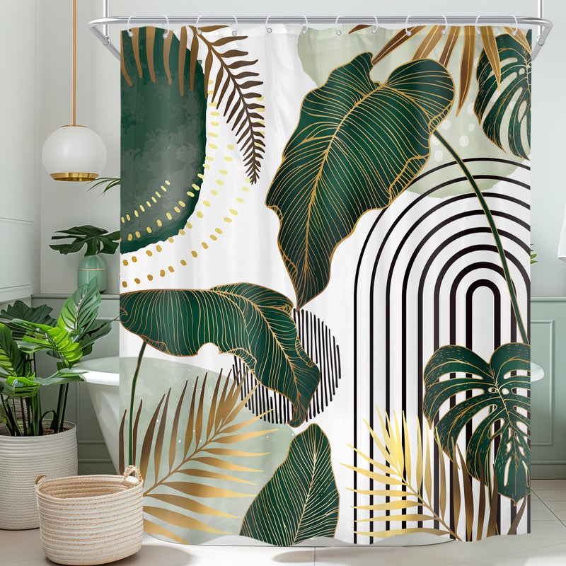 Cinbloo Green Boho Shower Curtain for Bathroom Decor 60Wx72H Modern Abstract Mid Century Tropical Monstera Emerald Gold Palm Leaf Plant Minimalist Neutral Simple Summer Bathroom Curtain Fabric 12 Hook - Image 1