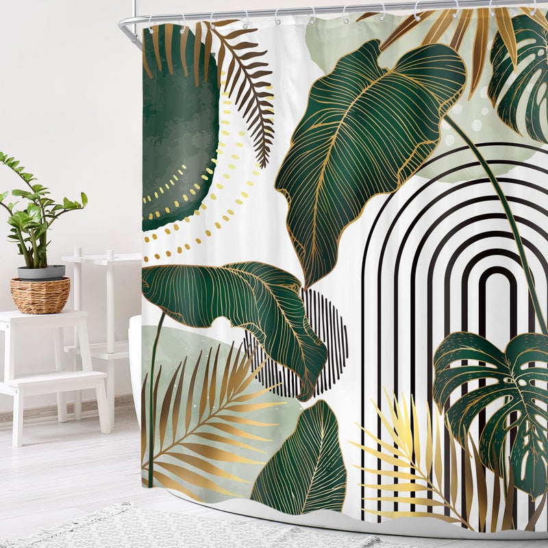 Cinbloo Green Boho Shower Curtain for Bathroom Decor 60Wx72H Modern Abstract Mid Century Tropical Monstera Emerald Gold Palm Leaf Plant Minimalist Neutral Simple Summer Bathroom Curtain Fabric 12 Hook - Image 3