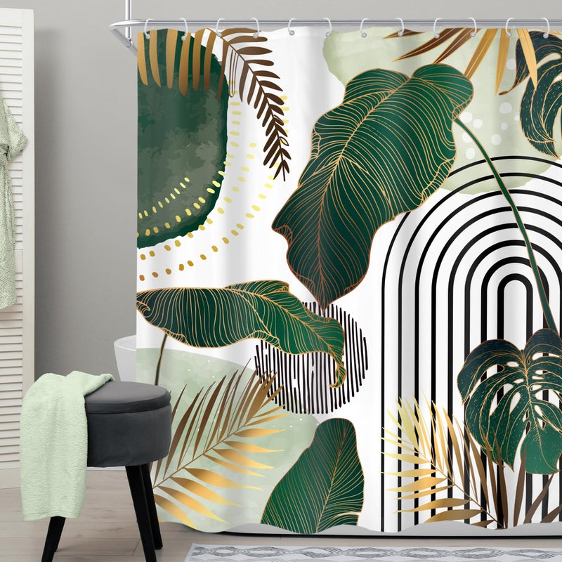 Cinbloo Green Boho Shower Curtain for Bathroom Decor 60Wx72H Modern Abstract Mid Century Tropical Monstera Emerald Gold Palm Leaf Plant Minimalist Neutral Simple Summer Bathroom Curtain Fabric 12 Hook - Image 2