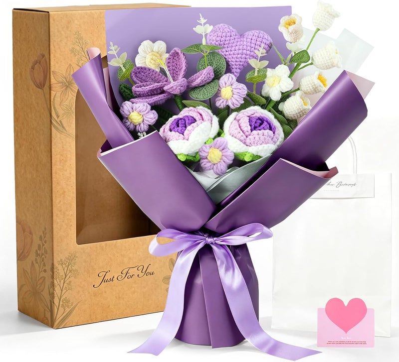 تورونتو طوكيو وردة كروشيه محبوكة يدويًا كهدية للحبيب، العائلة، الأصدقاء. باقة كروشيه، زهور خيط محبوكة، باقة زهور صناعية جاهزة (بنفسجي) - Image 1