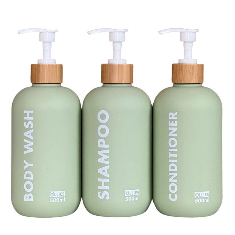 OLLIES Shampoo and Conditioner Dispenser, Shower Soap Dispenser for Bathroom-Set of 3 with Permanent Stylish Label-17oz, 500ml Refillable Shampoo and Conditioner Bottles Green - Image 1