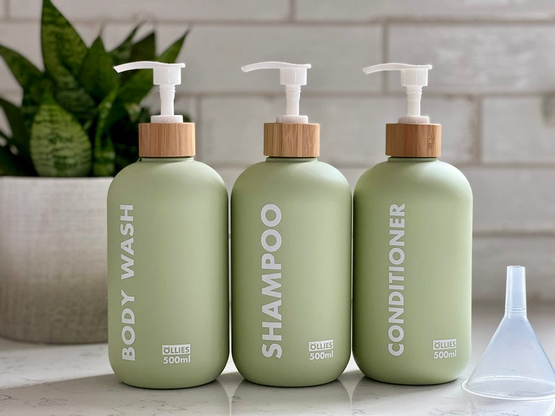 OLLIES Shampoo and Conditioner Dispenser, Shower Soap Dispenser for Bathroom-Set of 3 with Permanent Stylish Label-17oz, 500ml Refillable Shampoo and Conditioner Bottles Green - Image 5