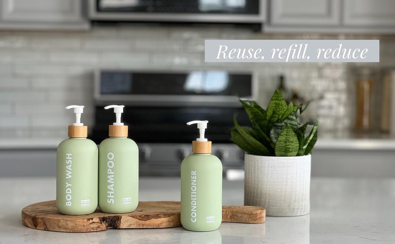 OLLIES Shampoo and Conditioner Dispenser, Shower Soap Dispenser for Bathroom-Set of 3 with Permanent Stylish Label-17oz, 500ml Refillable Shampoo and Conditioner Bottles Green - Image 4