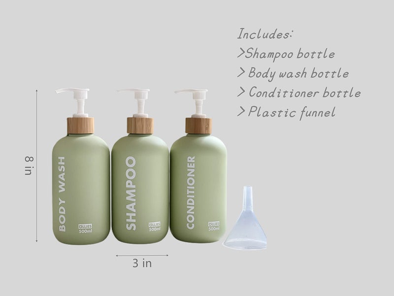 OLLIES Shampoo and Conditioner Dispenser, Shower Soap Dispenser for Bathroom-Set of 3 with Permanent Stylish Label-17oz, 500ml Refillable Shampoo and Conditioner Bottles Green - Image 2