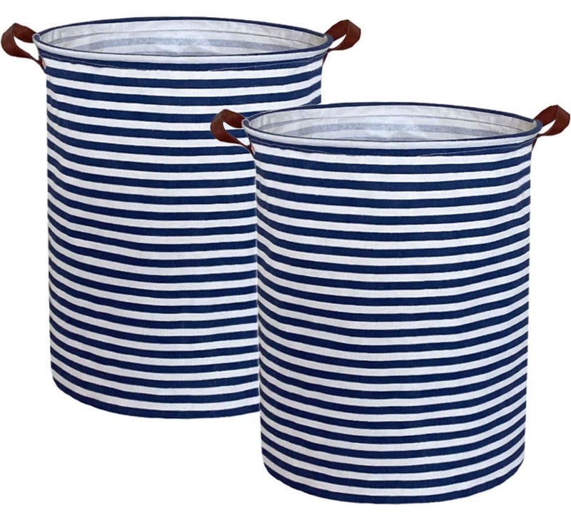 ESSME 2pack Kids Laundry HamperBoys laundry basketCollapsible Bule storage basket with Waterproof PE CoatingCanvas Fabric Nursery Hamper for Kids Room DecorToy storageGiftBaby Clothing2pack Navy Blue stripes