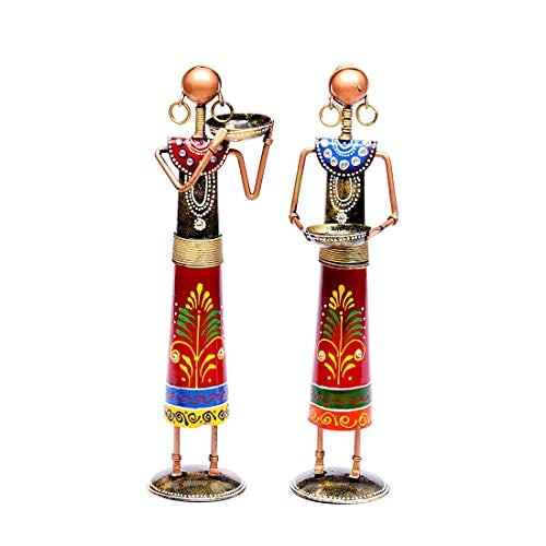 CRAFT TREE Elegant Metal Rural Lady Decorative Showpiece Figurines (Set of 2) – Home Décor Statue in Red - Image 3